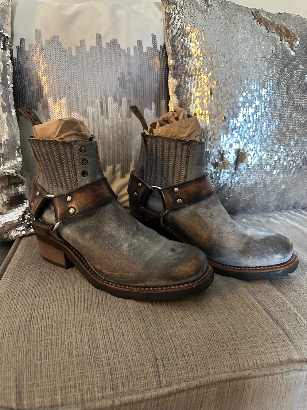 freebird Distressed Gray and Brown Leather Harness Boots